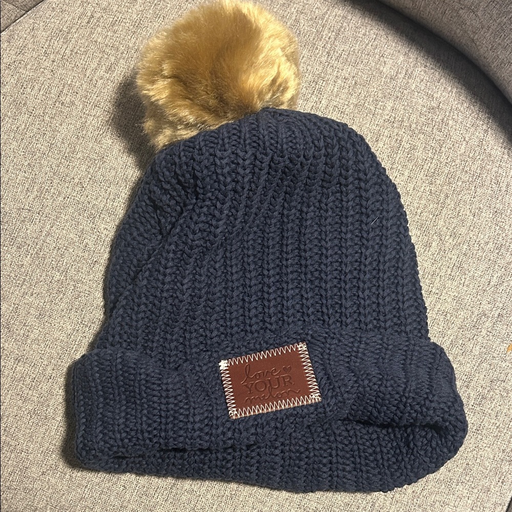 Love Your Melon Dark Blue Knit Beanie with Brown Pom